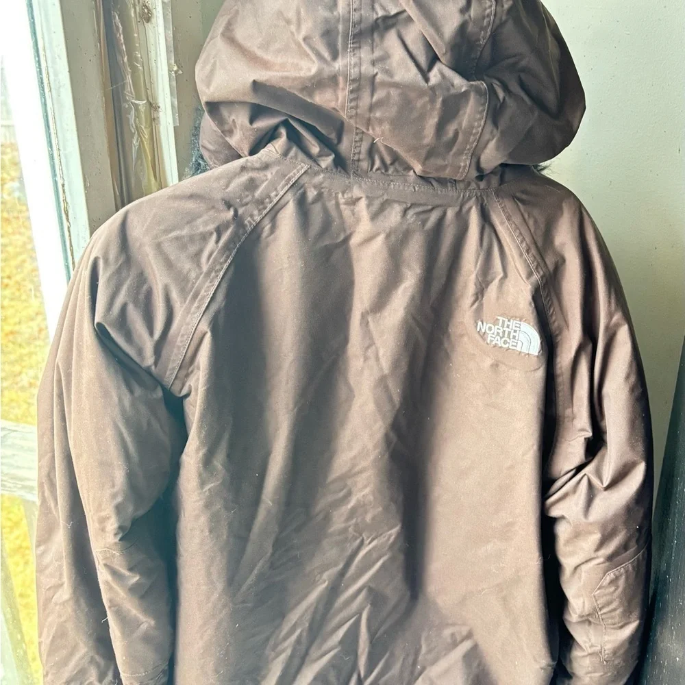 North Face short Jacket Womens Brown down fur Hood belt Greenland Hyvent